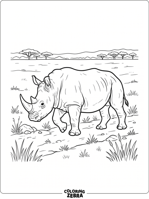 A realistic rhino walks across open grassland
