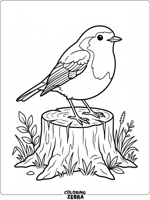 A realistic robin perched on a stump in grass