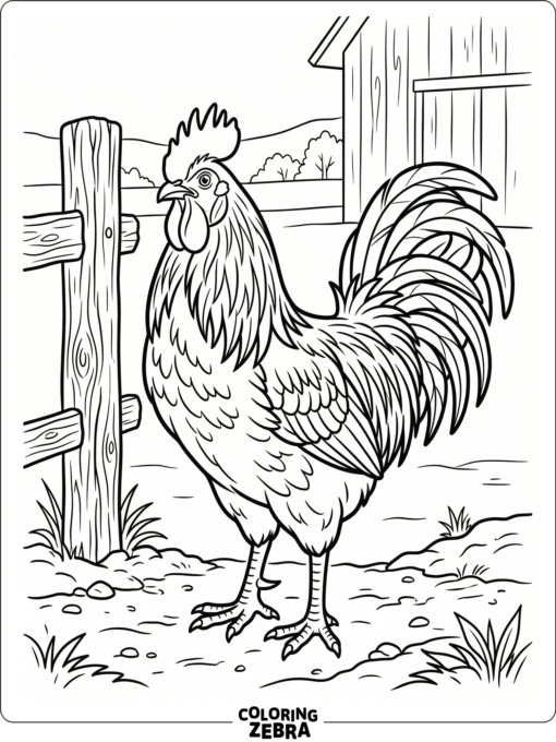 A realistic rooster stands on dirt near barn posts with bold outlines and low detail.
