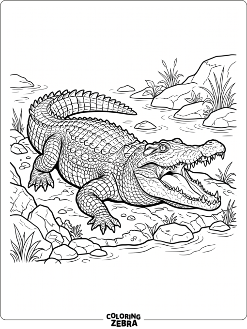 A realistic crocodile with rough skin near rocks