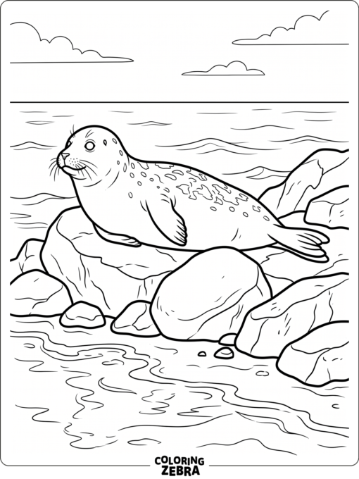 A realistic seal resting on rocks by the shore