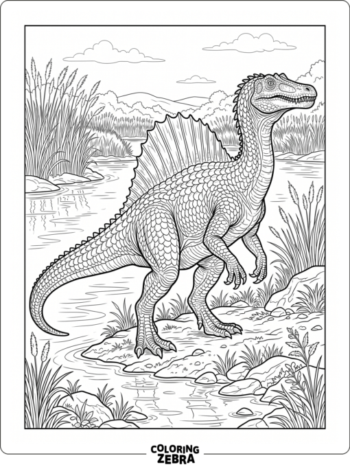 A realistic spinosaurus standing by a river