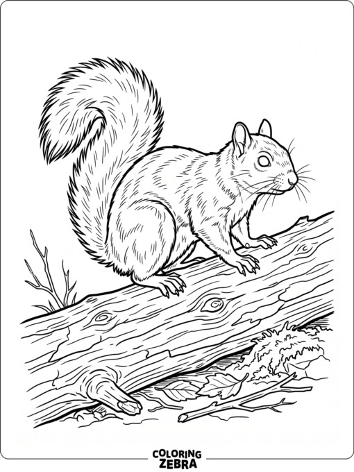 A realistic squirrel crouches on a log
