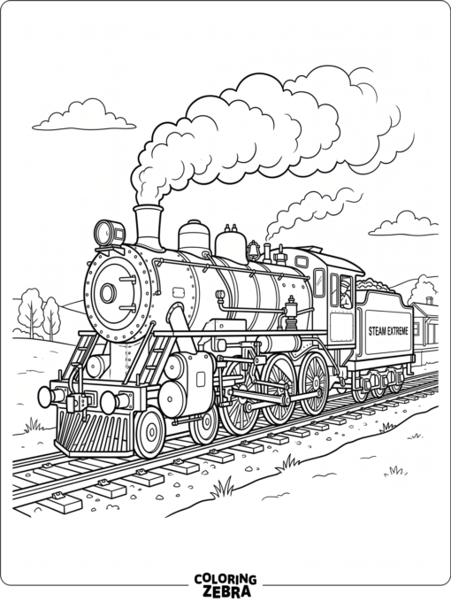 Steam locomotive with wheels, pipes, and billowing smoke