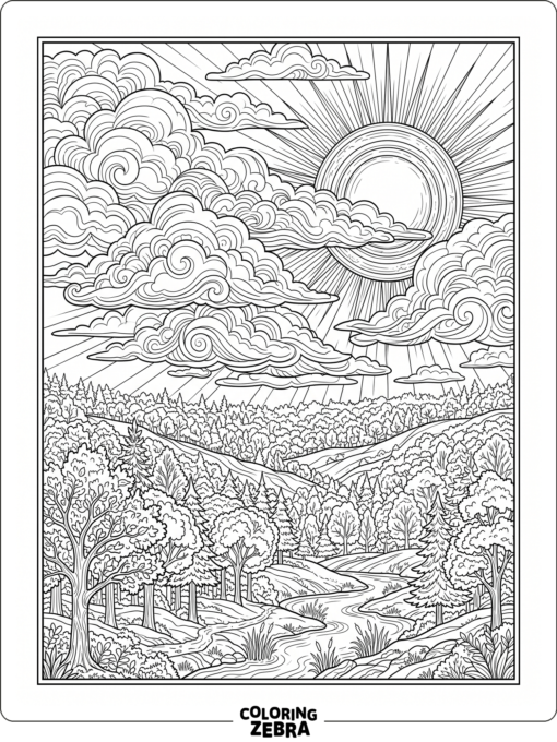A realistic sunset with layered clouds and a tree line
