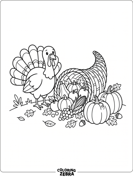 A realistic turkey beside a cornucopia and pumpkin