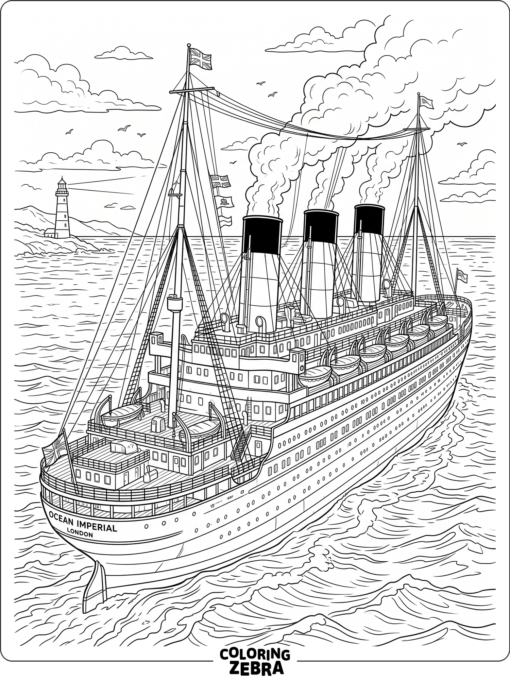 A detailed ship outline with tall funnels and deck rails