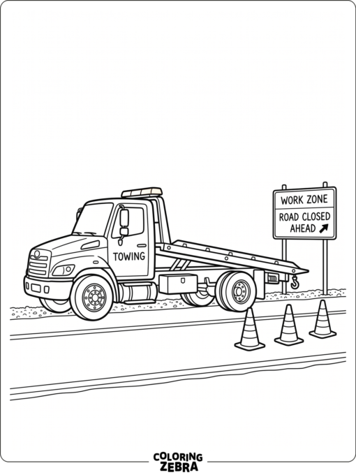 A tow truck parked near cones and a roadside sign