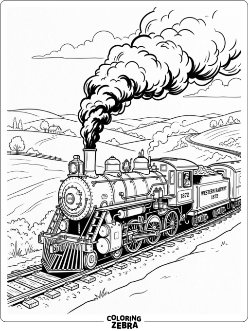 Detailed train on tracks with smoke and hills