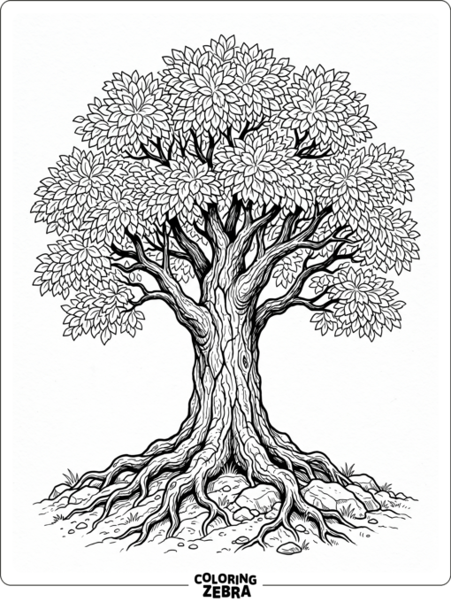 A detailed tree with textured bark and layered leaves