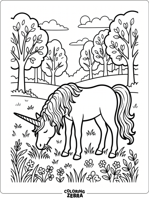 A realistic unicorn grazing in a meadow
