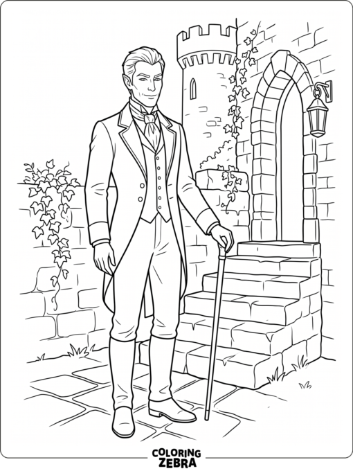 A realistic vampire in a coat by stone steps