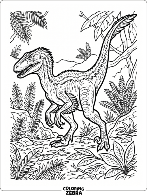 A realistic velociraptor moving through ferns