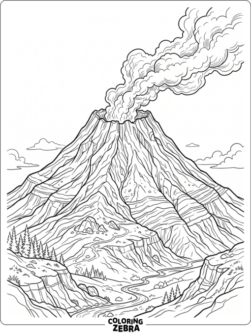 A detailed volcano with layered slopes and smoke