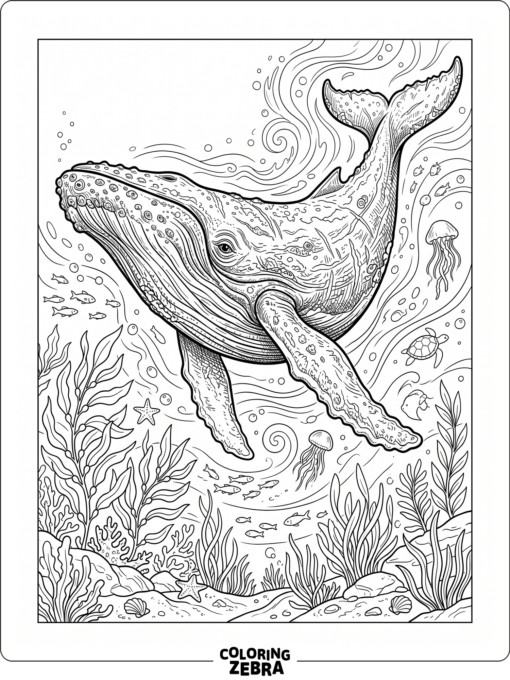 A detailed whale moving through sea plants