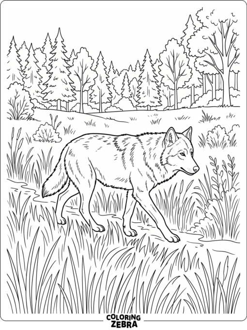 A realistic wolf walking through tall grass