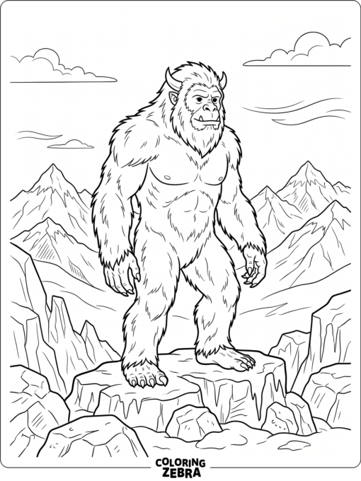 A realistic yeti stands on icy rocks with a simple mountain backdrop.