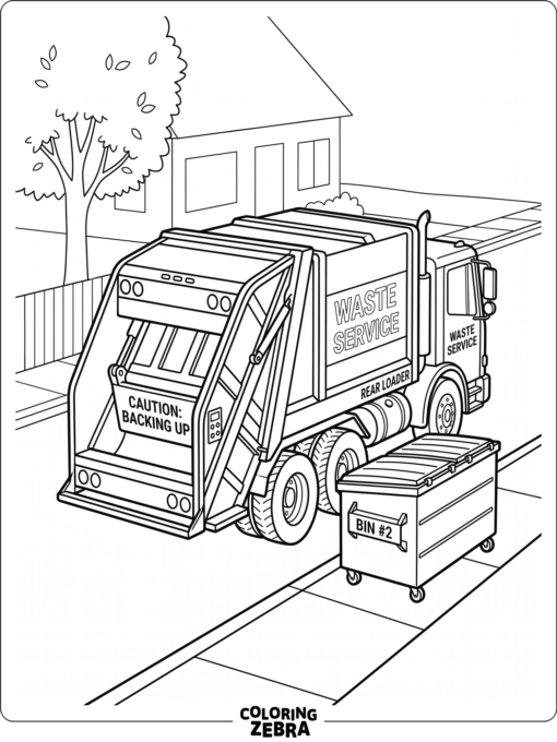 A rear loader garbage truck backing up to a bin
