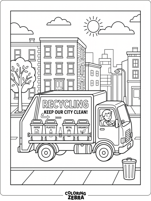 A recycling truck with bins and arrows on the side