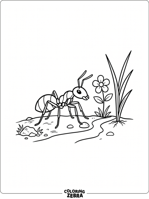 A red ant beside a flower and grass