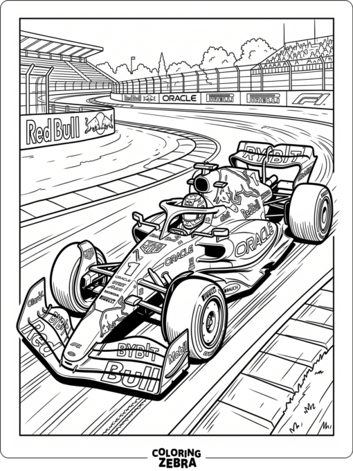 A Red Bull style F1 car with bull graphics