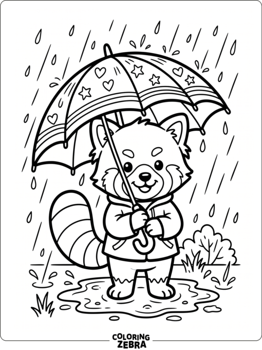 A red panda standing under an umbrella in the rain