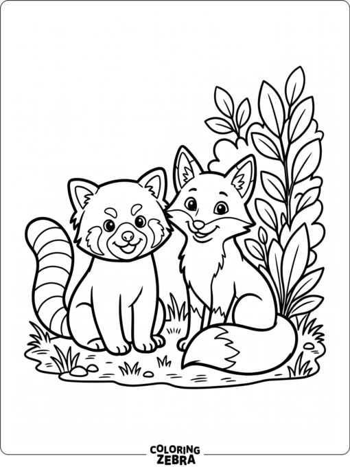 A red panda and a fox sitting side by side