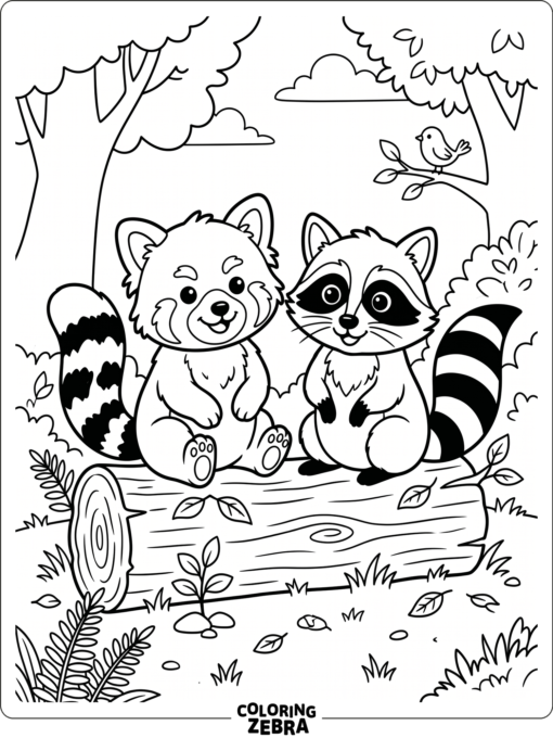 A red panda and raccoon sitting together on a log