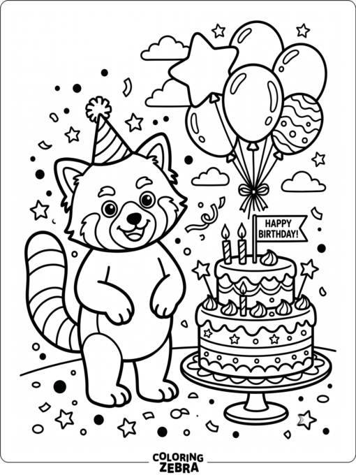 A red panda by a birthday cake with balloons