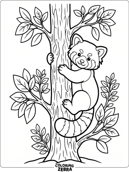 A red panda climbing a tree trunk with leaves