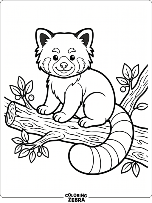 A red panda sitting on a branch with its tail curled below