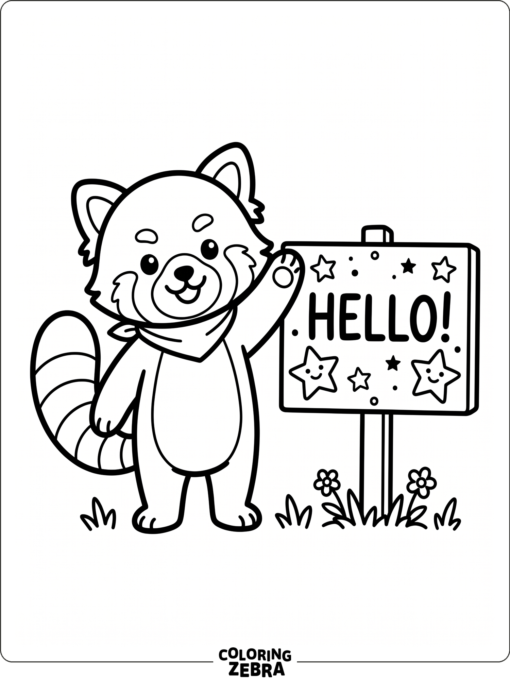 A red panda waving next to a simple sign
