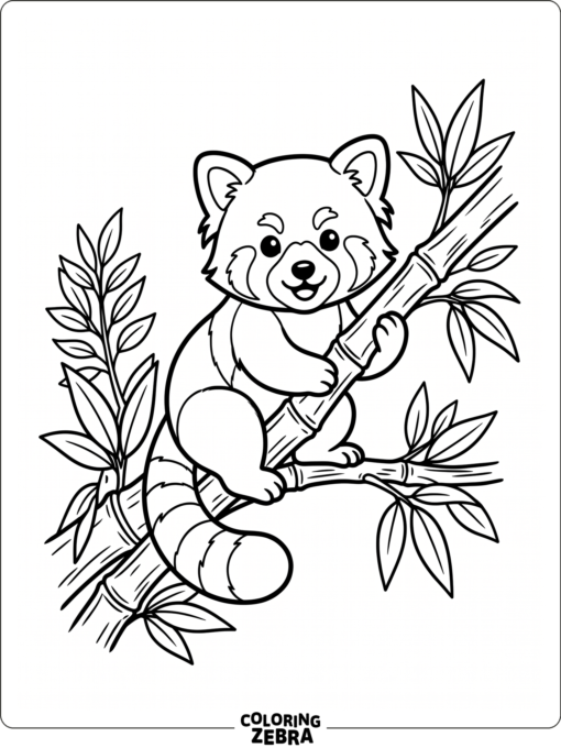 A red panda on a bamboo branch with leaves