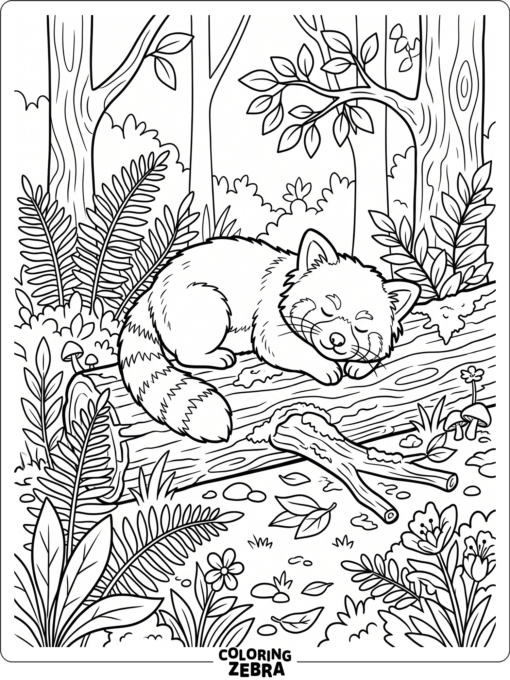 A red panda resting on a log in a forest