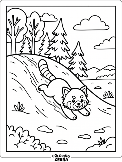 A red panda sliding down a hill with simple trees