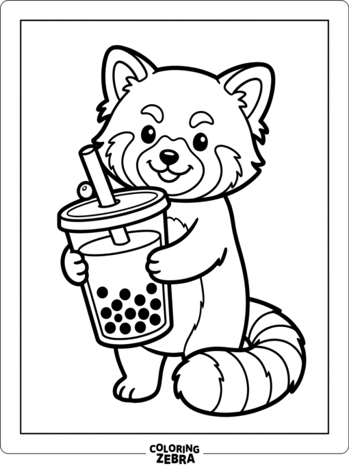 A red panda holding a bubble tea cup