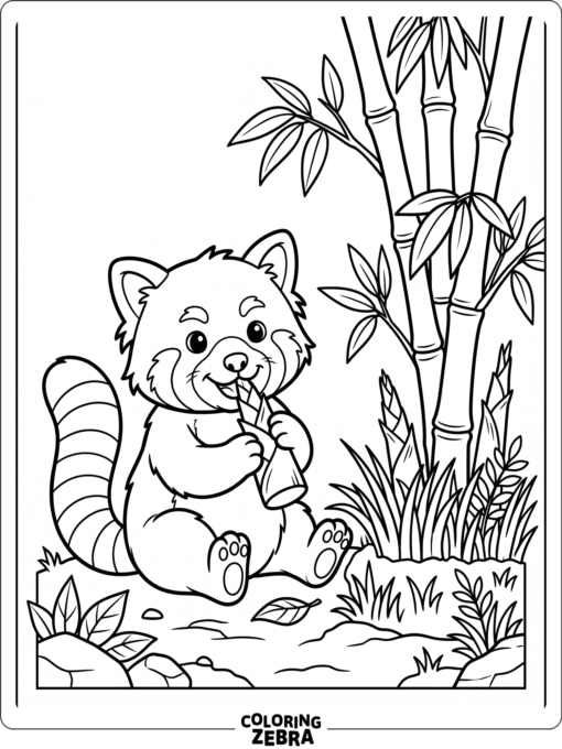 A red panda eating bamboo shoots near grass