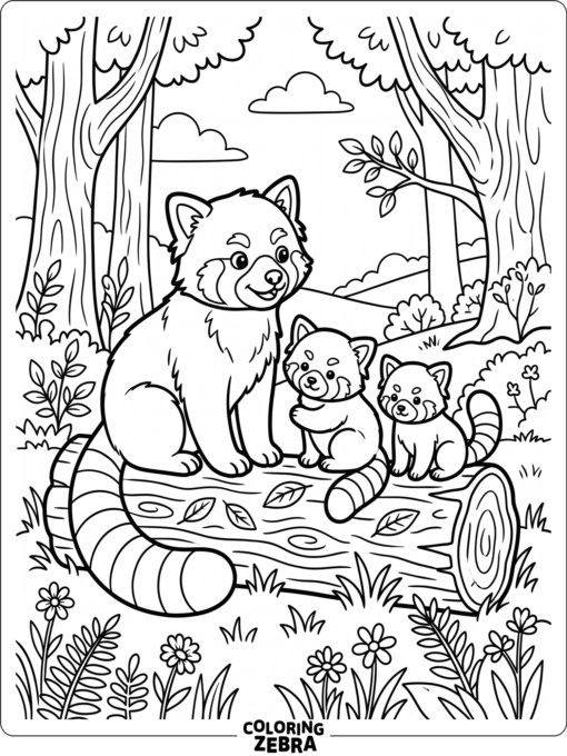 A red panda family sitting together on a log