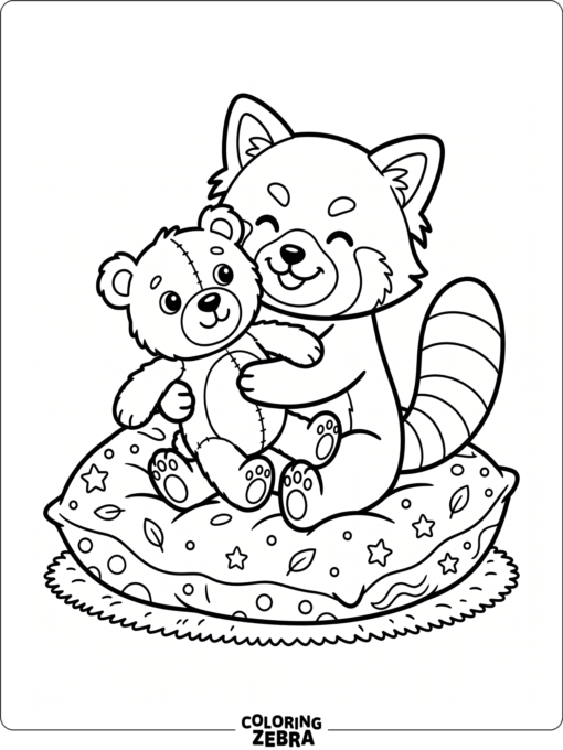 A red panda hugging a teddy bear on a cushion