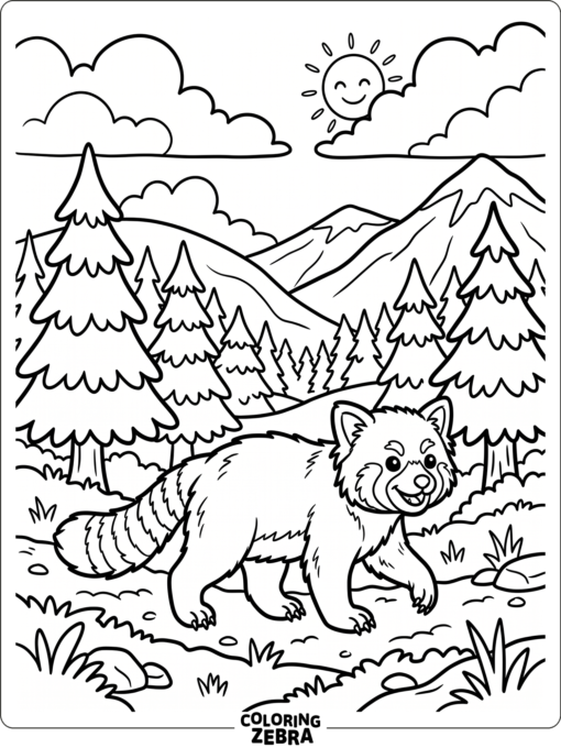 A red panda walking through a pine forest