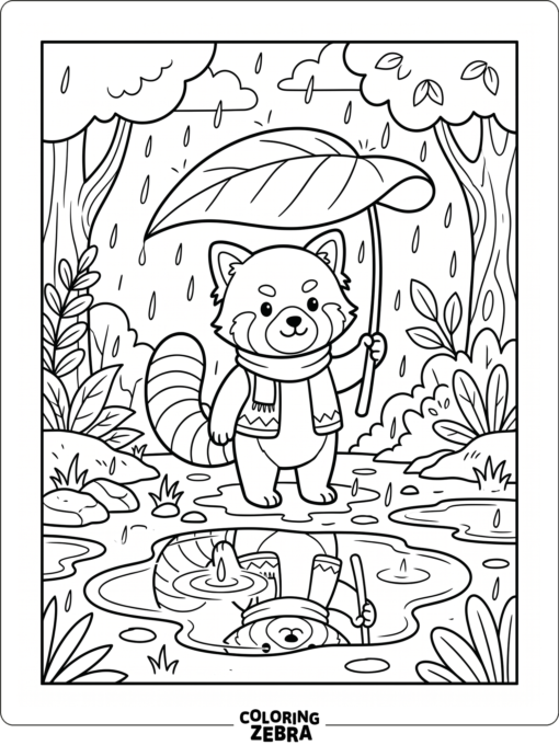 A red panda shelters under a leaf in the rain