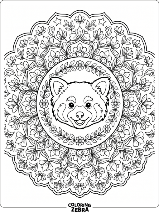 A red panda face with mandala flowers around it