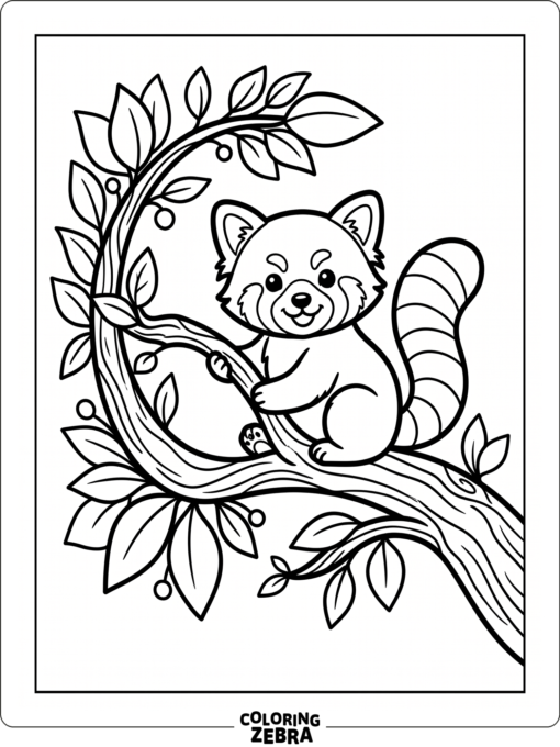 A red panda sits on a tree branch with a few leaves around it