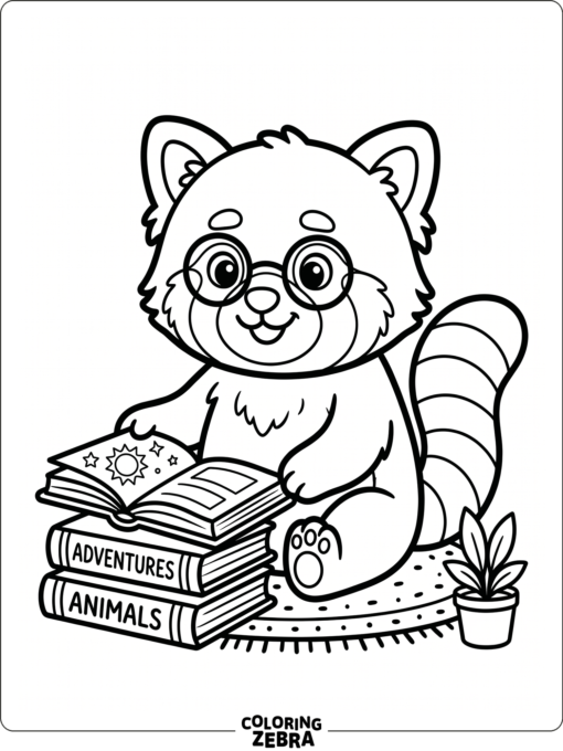 A red panda wearing glasses beside a book