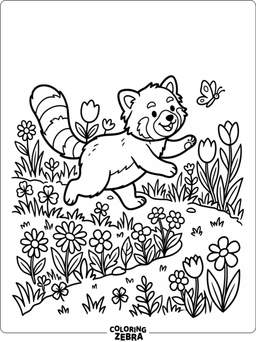 A red panda chasing a butterfly through grass