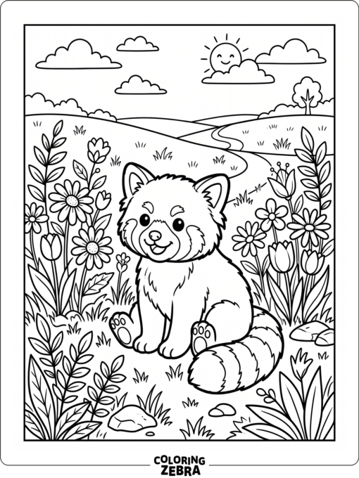 A red panda sitting among flowers and leaves