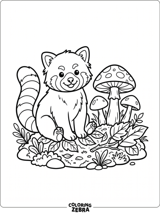 A red panda beside mushrooms and leaves