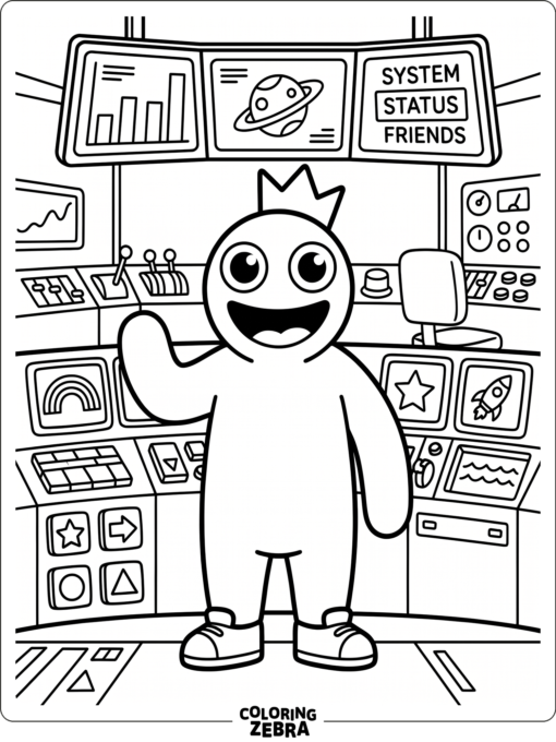 Red from Rainbow Friends standing in a simple control room