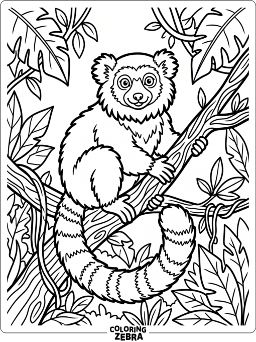 A red ruffed lemur resting among leaves