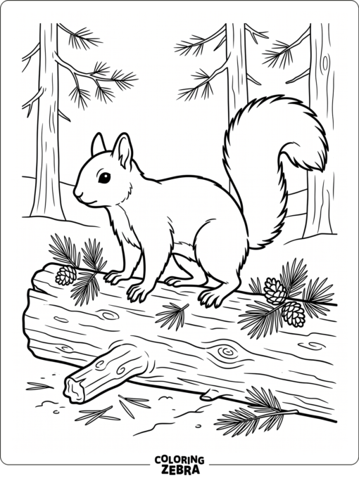 A red squirrel stands on a log